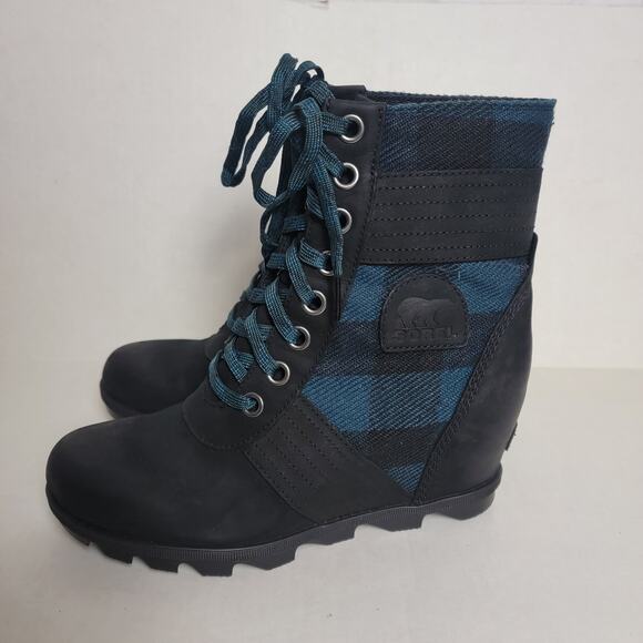 Sorel Blue Plaid Lexie Wedge Booties SZ 9.5 - Picture 4 of 5